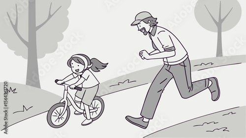 Father Teaching Daughter to Ride a Bicycle – Parenting and Milestone Vector Scene