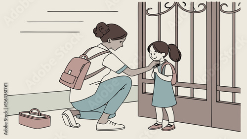 Single Mother Fixing Daughter’s Backpack Before School – Daily Parenting Routine Vector