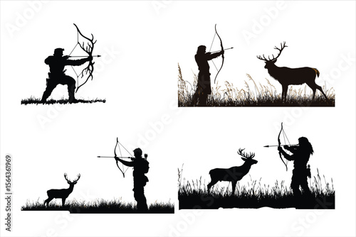 hunter with bow and arrow, silhouette, fishing, vector, illustration, woman, fisherman, black, sport, people, sword, samurai, warrior, person, icon