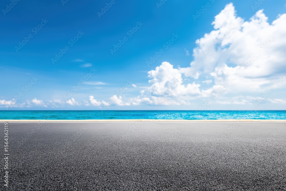 Obraz premium Empty asphalt road meeting a beautiful blue sea under a cloudy sky during a sunny summer day, perfect background for vacation and travel concepts