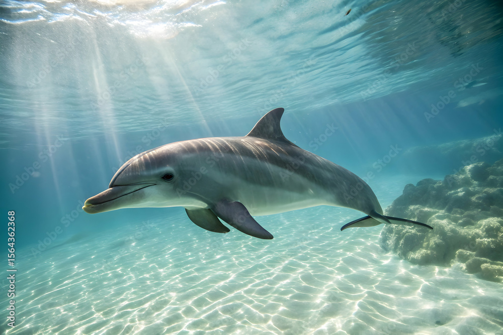Obraz premium Dolphin Underwater: Witness the grace of a dolphin gracefully gliding through the tranquil, crystal-clear waters of the ocean, with sunlight filtering down.