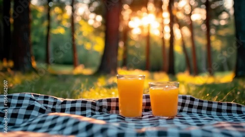 Orange juice on picnic blanket in sunlit forest