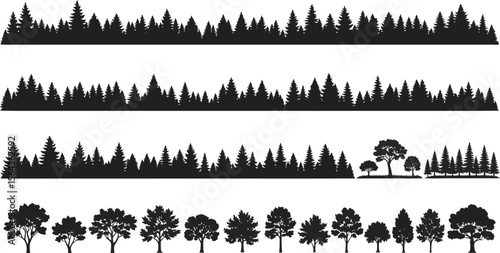 Collection of black silhouette forest tree lines and individual trees on a white background