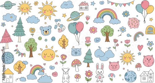 A charming collection of hand drawn doodle elements including smiling suns clouds rainbows trees flowers animals and houses