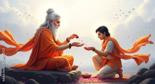 Guru Purnima Artwork Showing Emotional Moment of Devotee Receiving Blessings from His Spiritual Guru