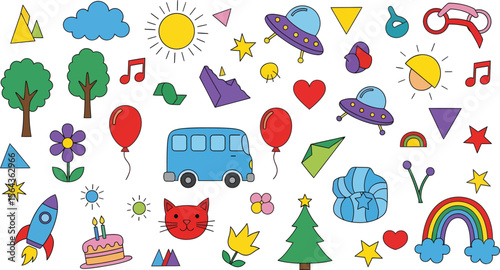 Collection of colorful cartoon objects including a bus rocket ufos trees flowers sun clouds and birthday cake