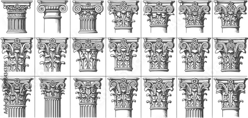 Collection of detailed architectural drawings showcasing various classical column capitals with ornate corinthian and ionic designs