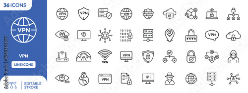 Collection of VPN Line Icons for Network Security.