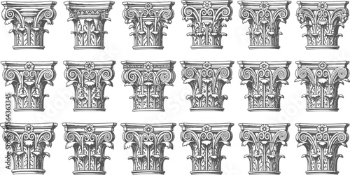 Collection of intricately detailed corinthian column capitals rendered in a classic black and white sketch style