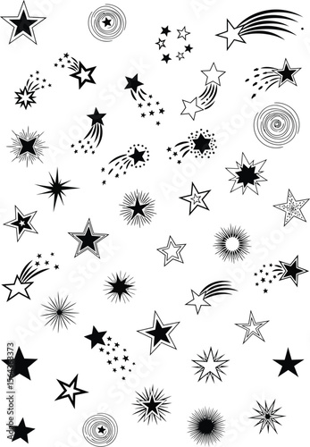 Collection of black and white star illustrations including shooting stars and starbursts on a white background