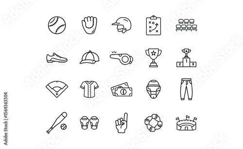 Baseball Icons: Collection of Outlined Sports Equipment and Symbols.
