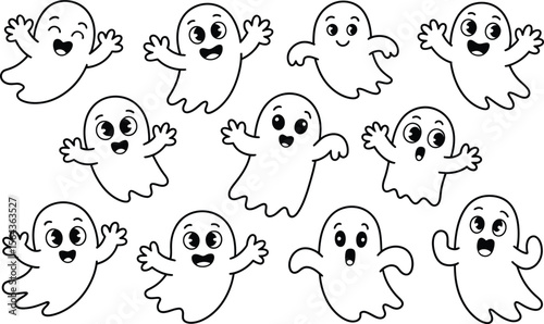 Cartoon Ghosts with Various Expressions Floating on White Background