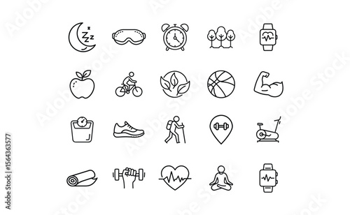 Collection of Black Line Art Fitness and Wellness Icons.