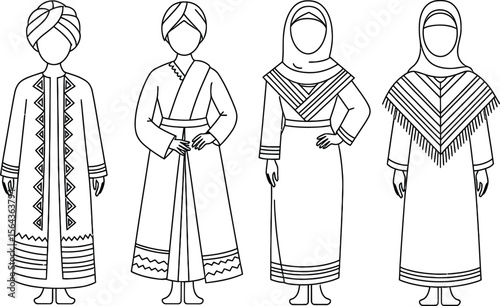Outlined Figures in Traditional Arab Garments clothing