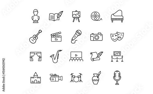 Collection of Linear Art Icons Depicting Various Forms of Art Music and Entertainment.