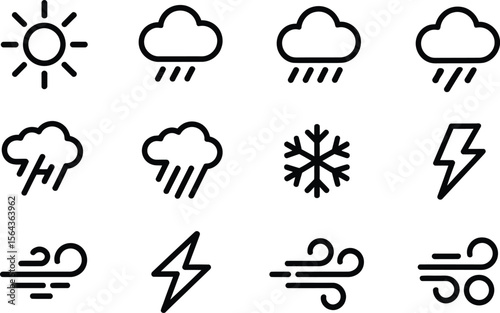 Weather Icons Set Sun Rain Clouds Snow Lightning Wind
