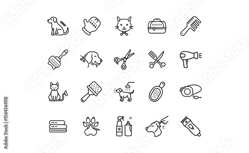 Collection of Pet Grooming Line Icons: Brushes Scissors and More.