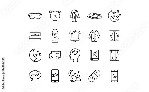Collection of Sleep-Related Icons Depicting Rest Dreams and Nighttime Activities.