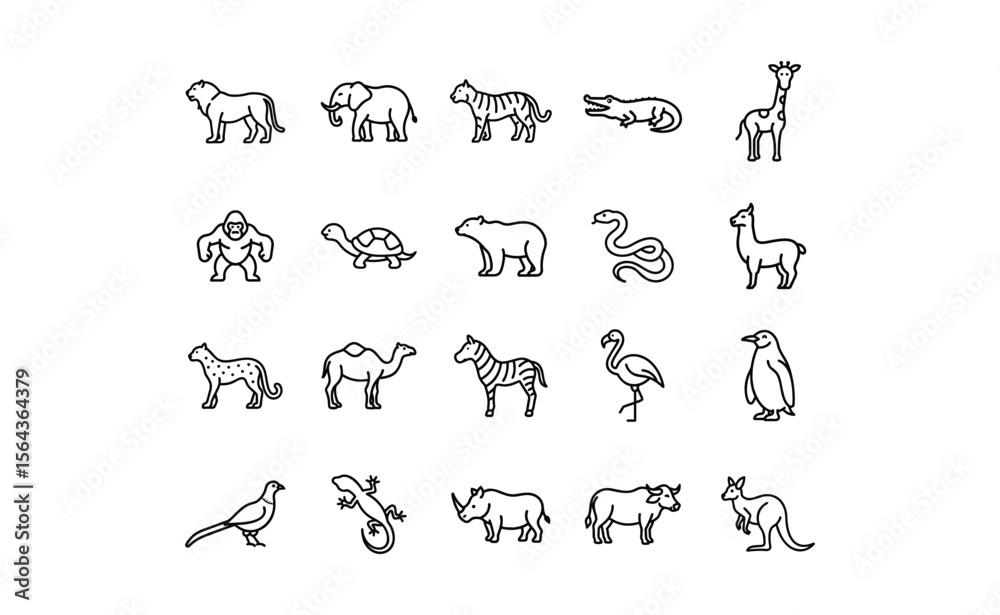 Collection of Line Art Animal Icons: Lion Elephant Tiger Crocodile Giraffe Gorilla Turtle Polar Bear Snake Llama Cheetah Camel Zebra Flamingo Penguin Pheasant Gecko Rhinoceros Water.