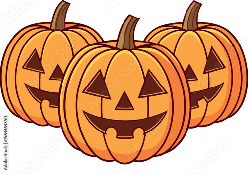 Three happy carved jack o lantern pumpkins for halloween celebration