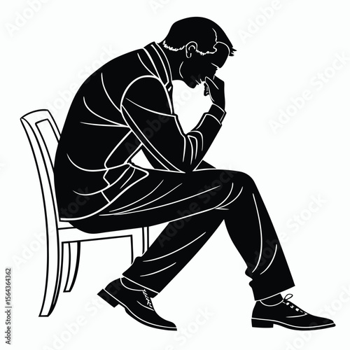 Man Sitting, Contemplative Pose: A Black and White Illustration