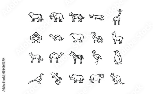 Collection of Line Art Animal Icons: Lion Elephant Tiger Crocodile Giraffe Gorilla Turtle Polar Bear Snake Llama Cheetah Camel Zebra Flamingo Penguin Pheasant Gecko Rhinoceros Water.