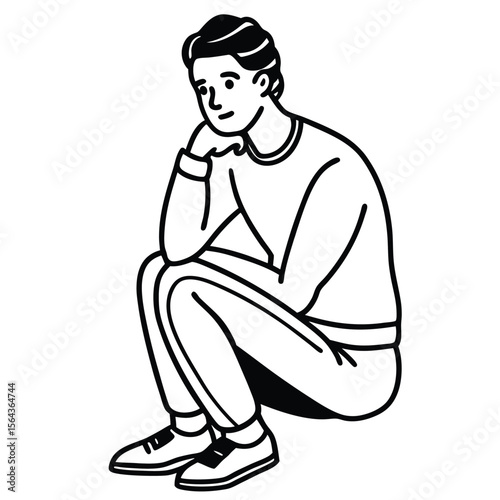 Man Sitting, Contemplative Pose: Line Art Illustration