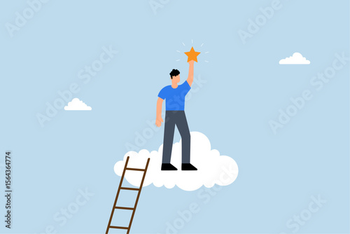 businessman climbs ladder to cloud to reach and grab precious star.