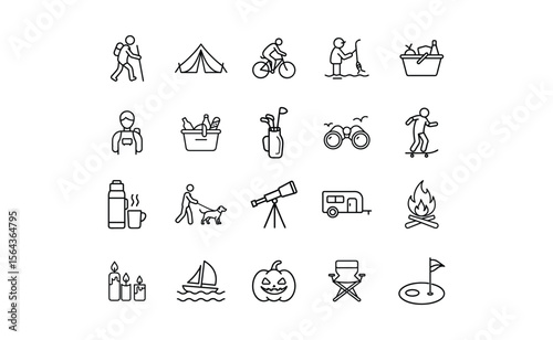 Collection of simple line art icons depicting various outdoor recreational activities and camping gear.