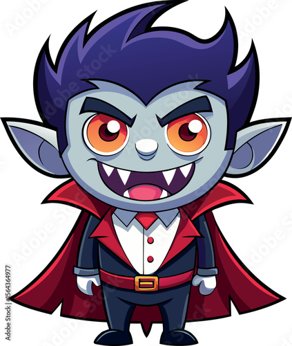 Cute cartoon vampire character with purple hair and red cape smiling