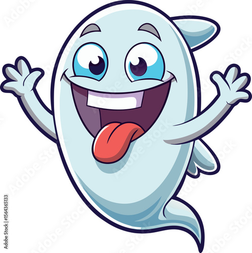 Happy cartoon ghost with big eyes and tongue sticking out waving arms