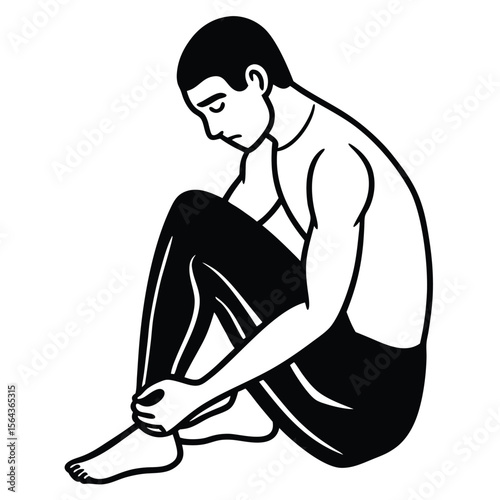 Man Sitting, Legs Crossed, Pensive Pose: Line Art Illustration