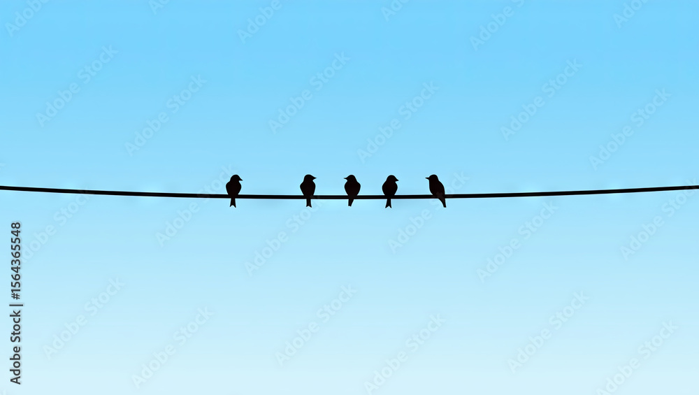 Five birds are sitting closely together on a thin power line, outlined against a vivid blue sky during the early evening, creating a striking silhouette effect Five birds are sitting closely together on a thin power line, outlined against a vivid blue sky during the early evening, creating a striking silhouette effect