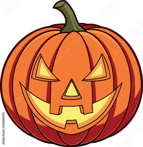 A classic jack o lantern with a carved spooky face and a green stem