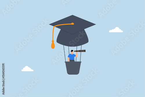 businessman fly graduation mortar hat balloon see future vision.