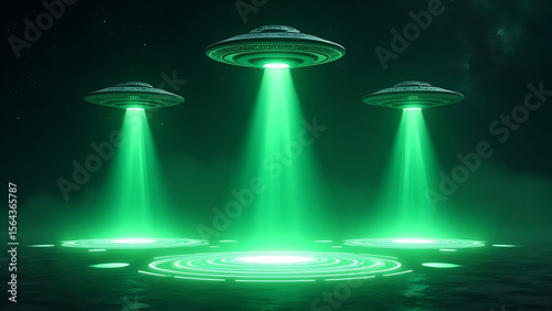 Unidentified Flying Objects with vibrant beams hovering above illuminated circles in an alien landscape