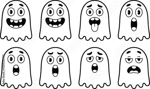 Eight Black and White Cartoon Ghosts with Various Facial Expressions