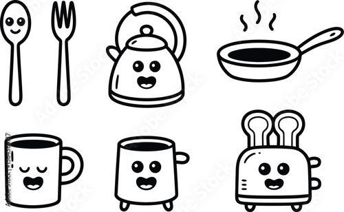 Cartoon Kitchen Utensils and Appliances with Smiling Faces