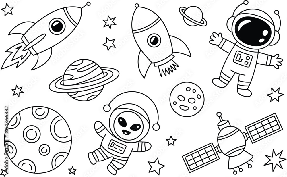 Obraz premium Space Elements Illustration Rockets Astronauts Planets Stars Satellite