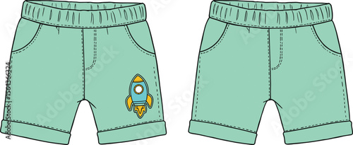 Kids mint green shorts with cartoon rocket patch, turn-up hem, front and back view, vector baby clothing fashion illustration flat vector illustration