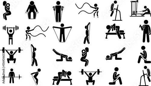 Black workout icons set. Simple vector illustrations of different gym exercises, perfect for fitness apps, websites, posters, and educational materials