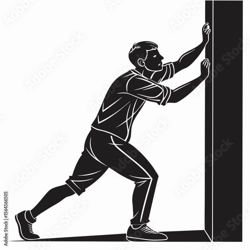 Man Pushing Wall: Strength, Effort, Silhouette Illustration