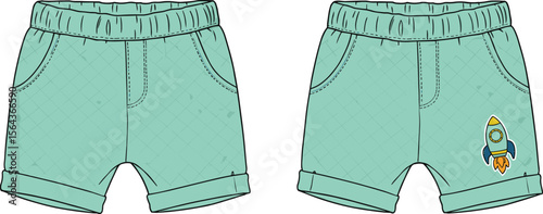 Kids mint green shorts with quilt texture and rocket patch, front back view, toddler casual wear, vector flat fashion sketch flat vector illustration