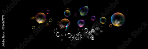 Set of realistic transparent colorful soap bubbles with rainbow reflection isolated on checkered background. Vector texture.