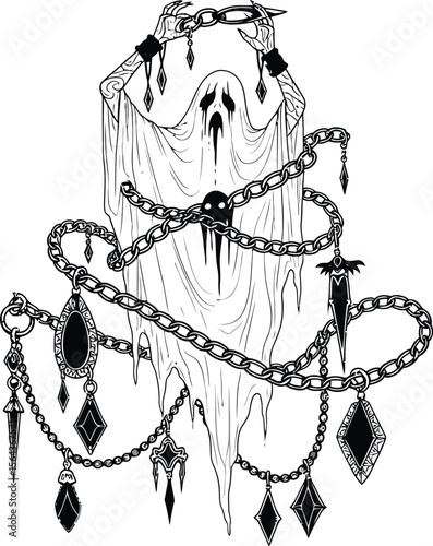 A ghost figure draped in chains and jewels with hands holding a chain above