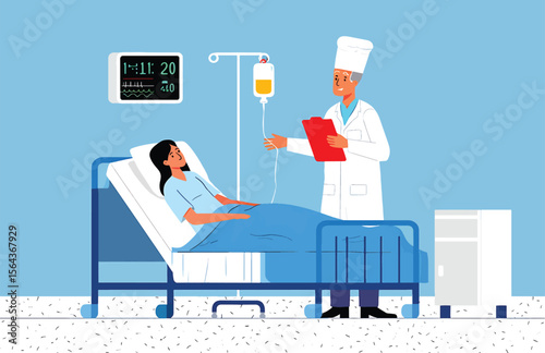Doctor Examining Patient in Hospital Bed Medical Illustration