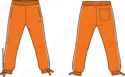 Sporty orange jogger pants with white side stripes, elastic waistband, drawstring cuffs, and back pocket, vector fashion illustration design flat vector illustration