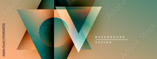 Abstract geometric design. Overlapping shapes create dynamic visual effect. Gradient colors offer modern aesthetic. Minimal text complements composition.