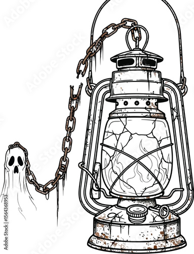 A ghost hanging from a chain attached to an old lantern on white background