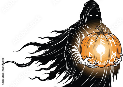 A cloaked figure holding a glowing pumpkin with runes on a white background